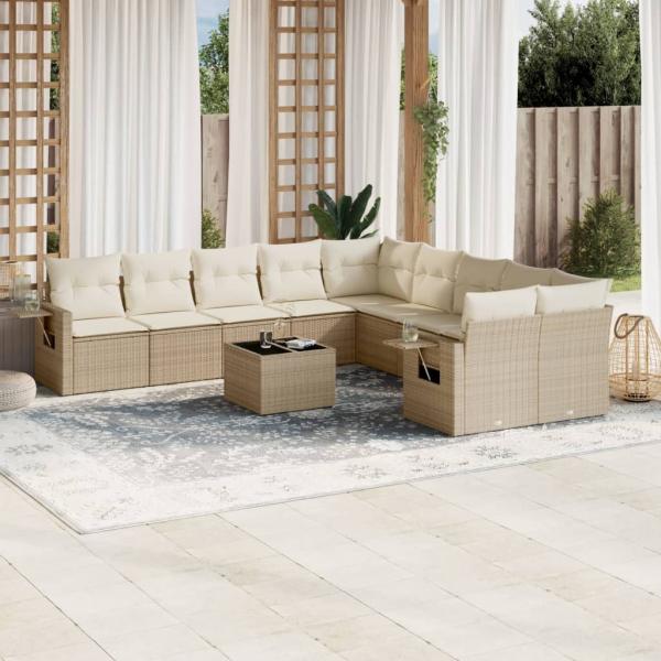 ARDEBO.de - 11-tlg. Garten-Sofagarnitur mit Kissen Beige Poly Rattan