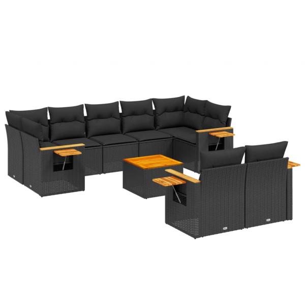 10-tlg. Garten-Sofagarnitur mit Kissen Schwarz Poly Rattan