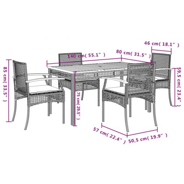 5-tlg. Garten-Essgruppe mit Kissen Schwarz Poly Rattan