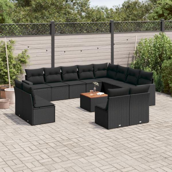 ARDEBO.de - 13-tlg. Garten-Sofagarnitur mit Kissen Schwarz Poly Rattan