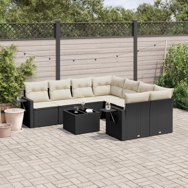 ARDEBO.de - 9-tlg. Garten-Sofagarnitur mit Kissen Schwarz Poly Rattan