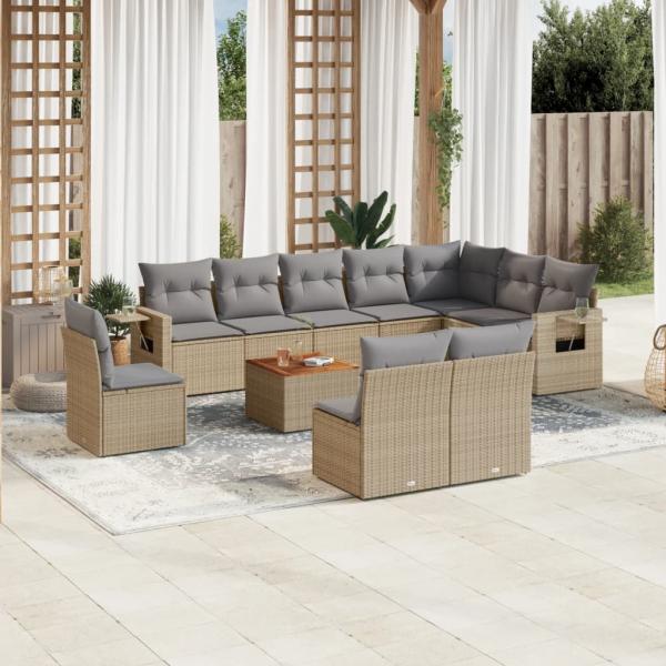 ARDEBO.de - 11-tlg. Garten-Sofagarnitur mit Kissen Beige Poly Rattan