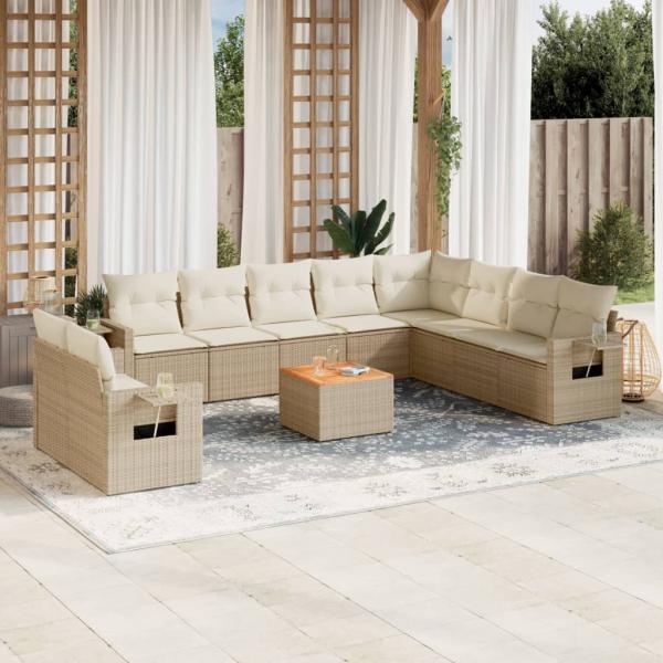 ARDEBO.de - 11-tlg. Garten-Sofagarnitur mit Kissen Beige Poly Rattan