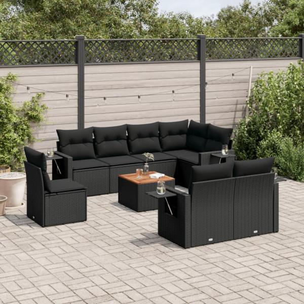 ARDEBO.de - 9-tlg. Garten-Sofagarnitur mit Kissen Schwarz Poly Rattan