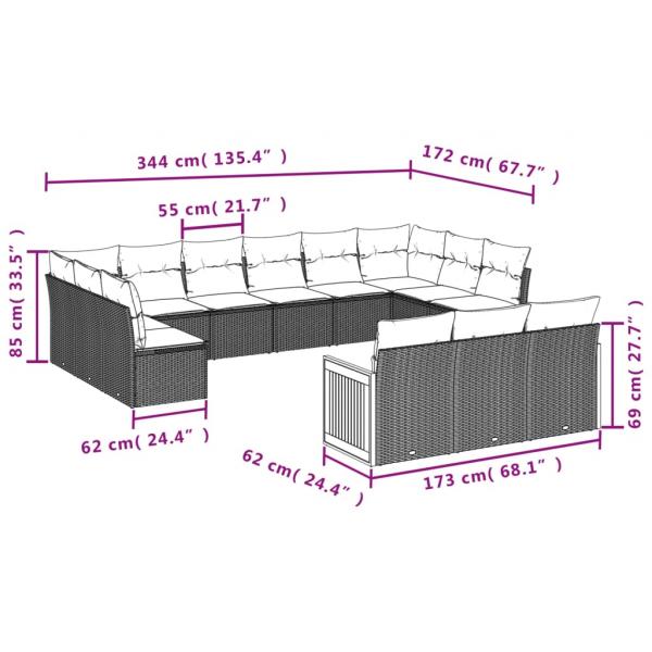 13-tlg. Garten-Sofagarnitur mit Kissen Grau Poly Rattan