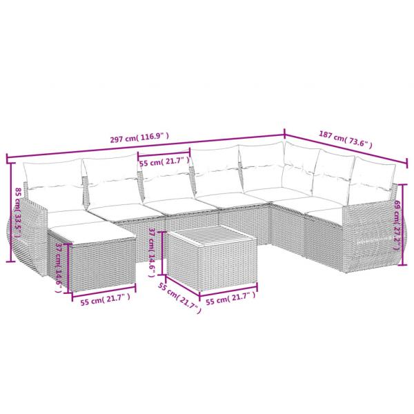 9-tlg. Garten-Sofagarnitur mit Kissen Grau Poly Rattan