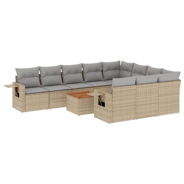 11-tlg. Garten-Sofagarnitur mit Kissen Beige Poly Rattan