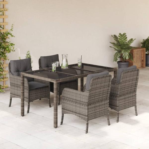 ARDEBO.de - 5-tlg. Garten-Essgruppe mit Kissen Grau Poly Rattan