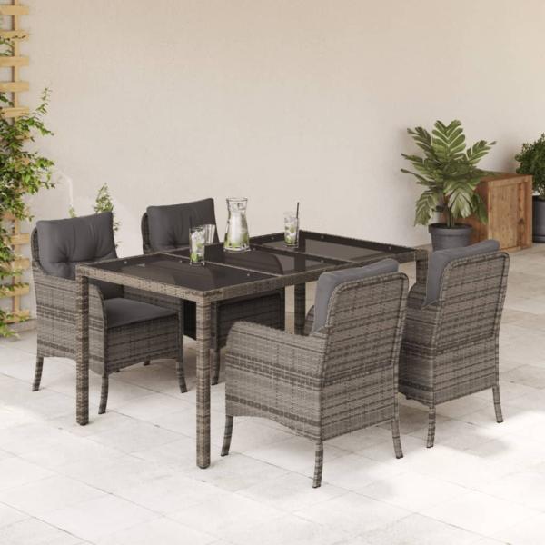 5-tlg. Garten-Essgruppe mit Kissen Grau Poly Rattan