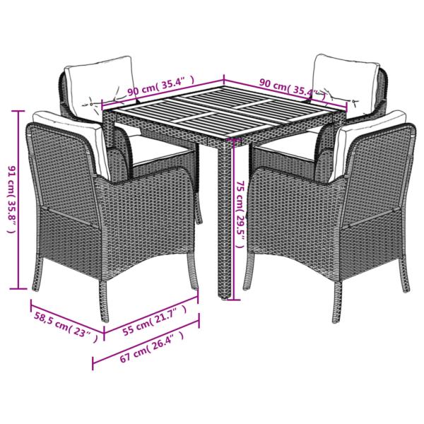 5-tlg. Garten-Essgruppe mit Kissen Schwarz Poly Rattan