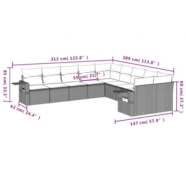 10-tlg. Garten-Sofagarnitur mit Kissen Schwarz Poly Rattan