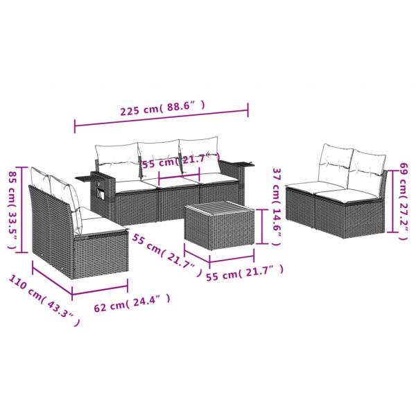 8-tlg. Garten-Sofagarnitur mit Kissen Schwarz Poly Rattan