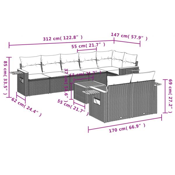 9-tlg. Garten-Sofagarnitur mit Kissen Grau Poly Rattan