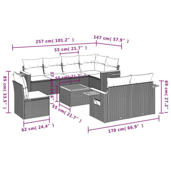 9-tlg. Garten-Sofagarnitur mit Kissen Grau Poly Rattan