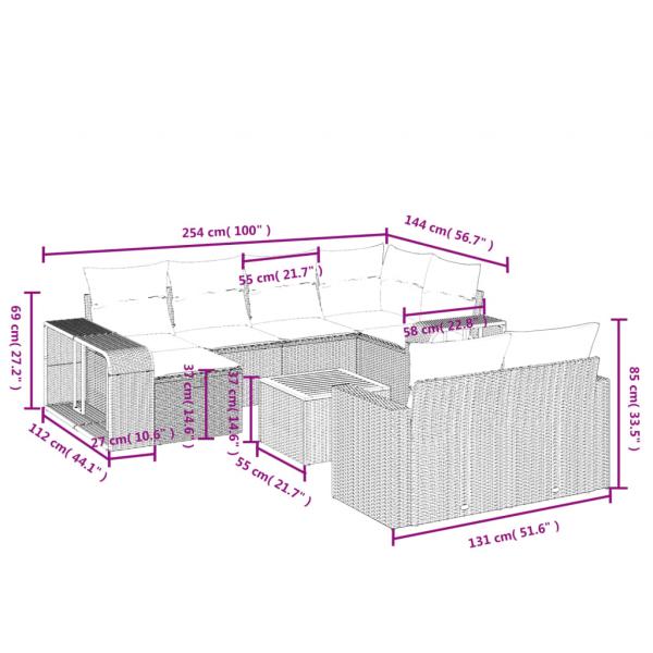 11-tlg. Garten-Sofagarnitur mit Kissen Grau Poly Rattan