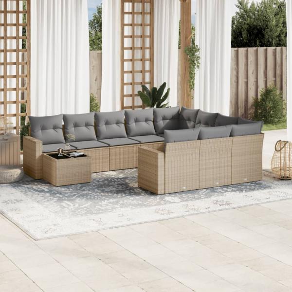 ARDEBO.de - 11-tlg. Garten-Sofagarnitur mit Kissen Beige Poly Rattan