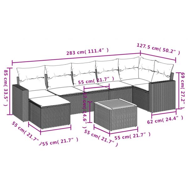 8-tlg. Garten-Sofagarnitur mit Kissen Grau Poly Rattan