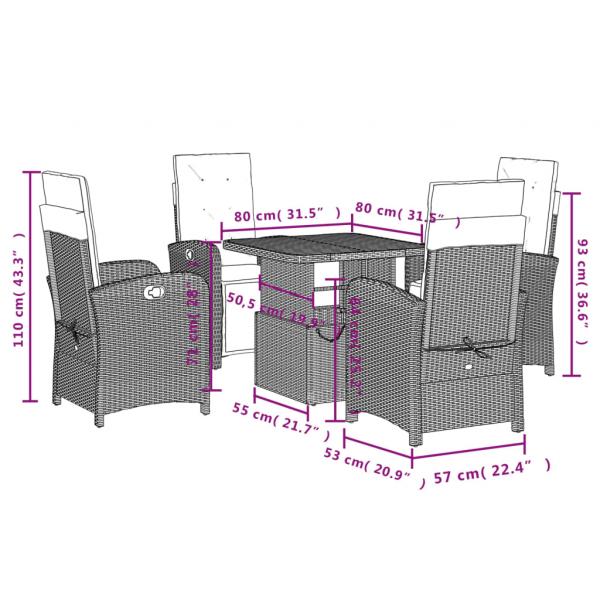 5-tlg. Garten-Essgruppe mit Kissen Grau Poly Rattan