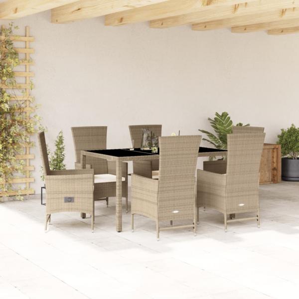 ARDEBO.de - 7-tlg. Garten-Essgruppe mit Kissen Beige Poly Rattan