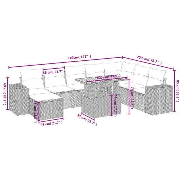 9-tlg. Garten-Sofagarnitur mit Kissen Schwarz Poly Rattan