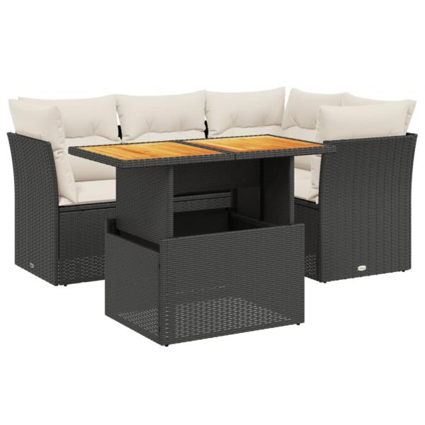 5-tlg. Garten-Sofagarnitur mit Kissen Schwarz Poly Rattan