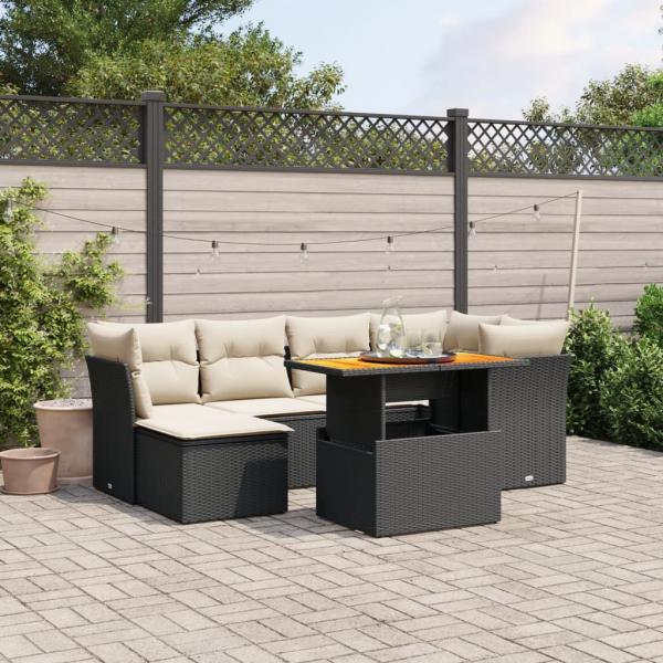 ARDEBO.de - 7-tlg. Garten-Sofagarnitur mit Kissen Schwarz Poly Rattan