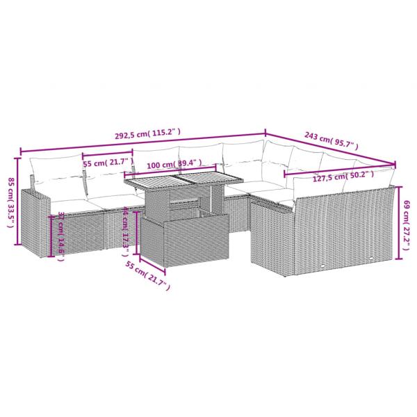 10-tlg. Garten-Sofagarnitur mit Kissen Schwarz Poly Rattan