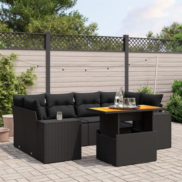 ARDEBO.de - 7-tlg. Garten-Sofagarnitur mit Kissen Schwarz Poly Rattan