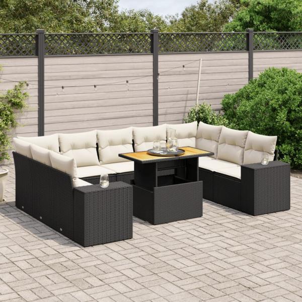 ARDEBO.de - 10-tlg. Garten-Sofagarnitur mit Kissen Schwarz Poly Rattan