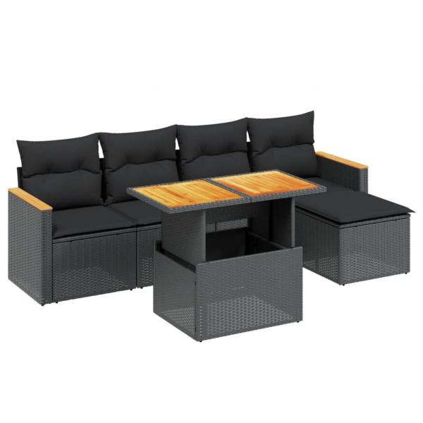 6-tlg. Garten-Sofagarnitur mit Kissen Schwarz Poly Rattan