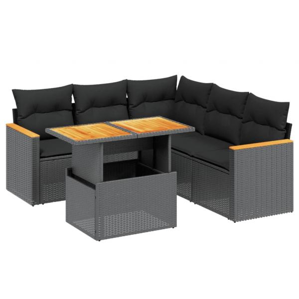 6-tlg. Garten-Sofagarnitur mit Kissen Schwarz Poly Rattan