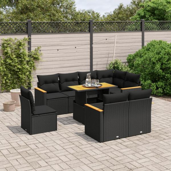 ARDEBO.de - 9-tlg. Garten-Sofagarnitur mit Kissen Schwarz Poly Rattan