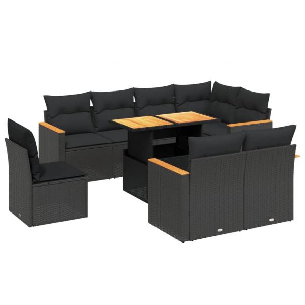 9-tlg. Garten-Sofagarnitur mit Kissen Schwarz Poly Rattan