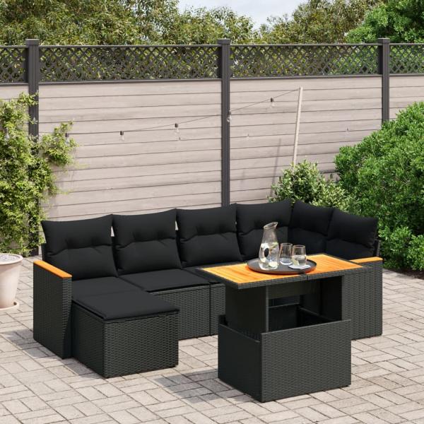 ARDEBO.de - 7-tlg. Garten-Sofagarnitur mit Kissen Schwarz Poly Rattan