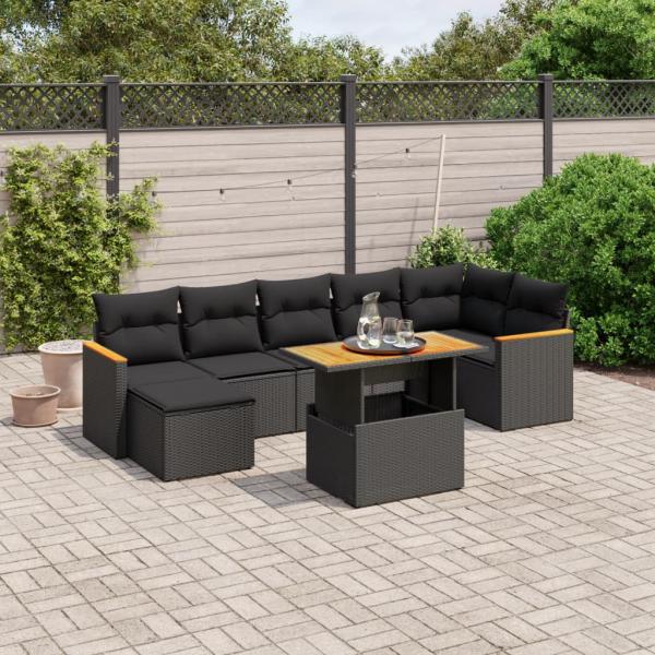 ARDEBO.de - 8-tlg. Garten-Sofagarnitur mit Kissen Schwarz Poly Rattan