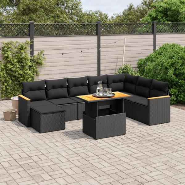 ARDEBO.de - 9-tlg. Garten-Sofagarnitur mit Kissen Schwarz Poly Rattan