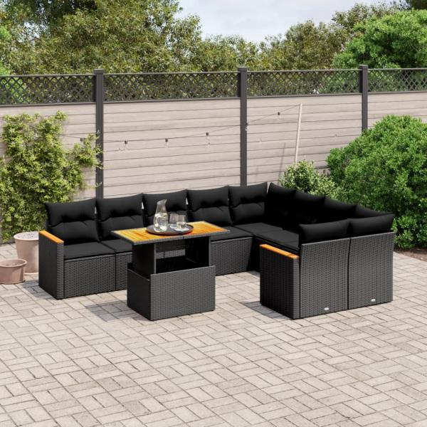 ARDEBO.de - 10-tlg. Garten-Sofagarnitur mit Kissen Schwarz Poly Rattan