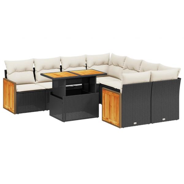 9-tlg. Garten-Sofagarnitur mit Kissen Schwarz Poly Rattan