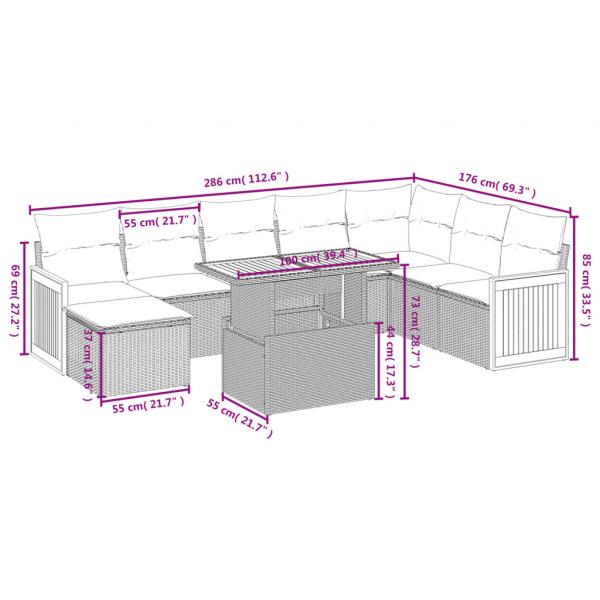 9-tlg. Garten-Sofagarnitur mit Kissen Schwarz Poly Rattan