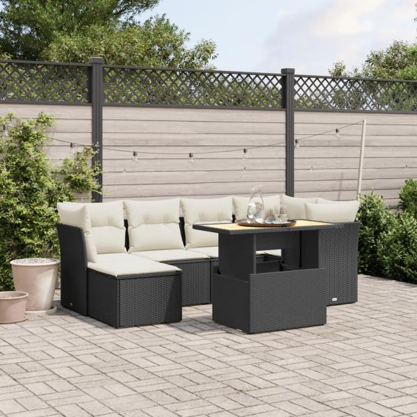 ARDEBO.de - 7-tlg. Garten-Sofagarnitur mit Kissen Schwarz Poly Rattan