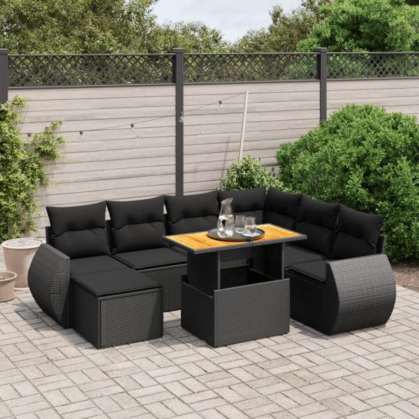 ARDEBO.de - 8-tlg. Garten-Sofagarnitur mit Kissen Schwarz Poly Rattan