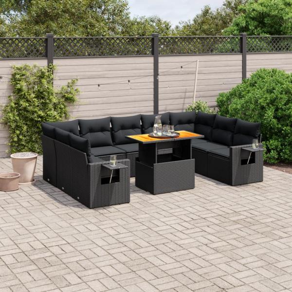 ARDEBO.de - 10-tlg. Garten-Sofagarnitur mit Kissen Schwarz Poly Rattan