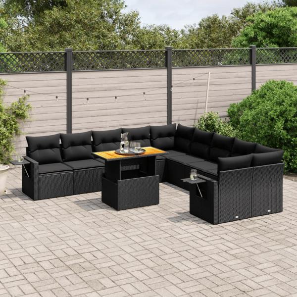 ARDEBO.de - 11-tlg. Garten-Sofagarnitur mit Kissen Schwarz Poly Rattan