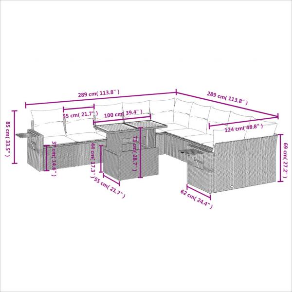 11-tlg. Garten-Sofagarnitur mit Kissen Schwarz Poly Rattan