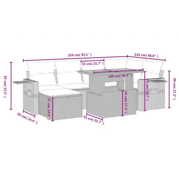 7-tlg. Garten-Sofagarnitur mit Kissen Schwarz Poly Rattan