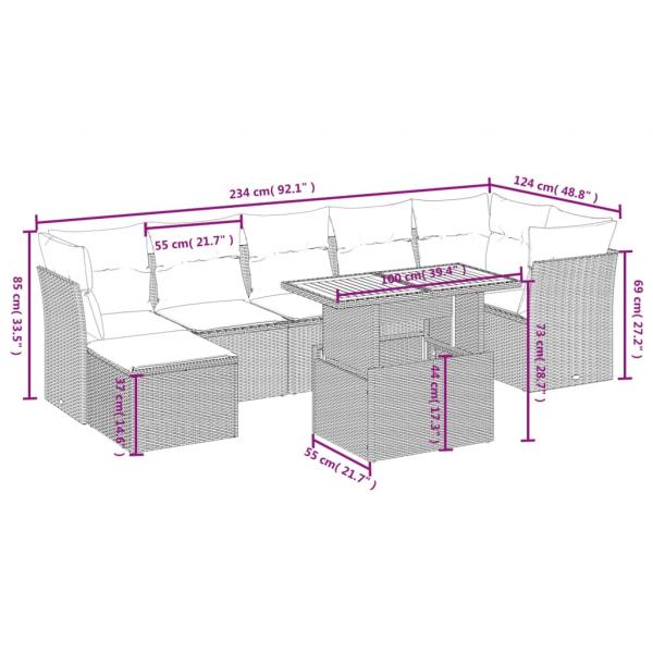 8-tlg. Garten-Sofagarnitur mit Kissen Schwarz Poly Rattan