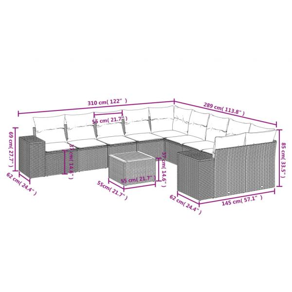 11-tlg. Garten-Sofagarnitur mit Kissen Grau Poly Rattan