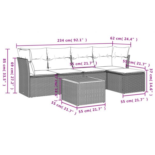 6-tlg. Garten-Sofagarnitur mit Kissen Grau Poly Rattan