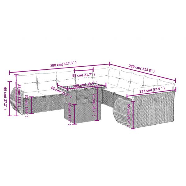 11-tlg. Garten-Sofagarnitur mit Kissen Schwarz Poly Rattan