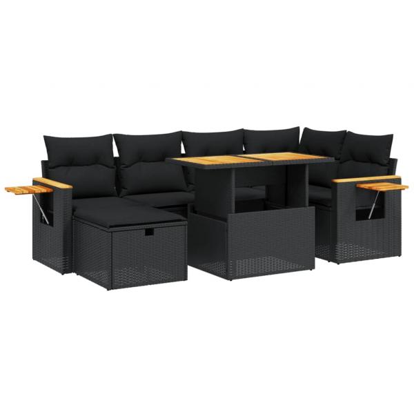 7-tlg. Garten-Sofagarnitur mit Kissen Schwarz Poly Rattan